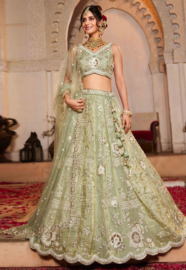 Pista Green Tissue Wedding Lehenga Choli