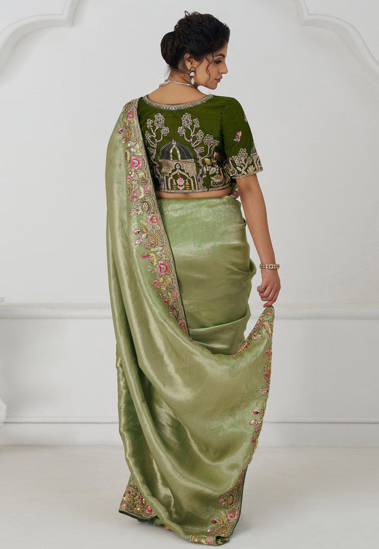 Pista Green Viscose Saree With Blouse