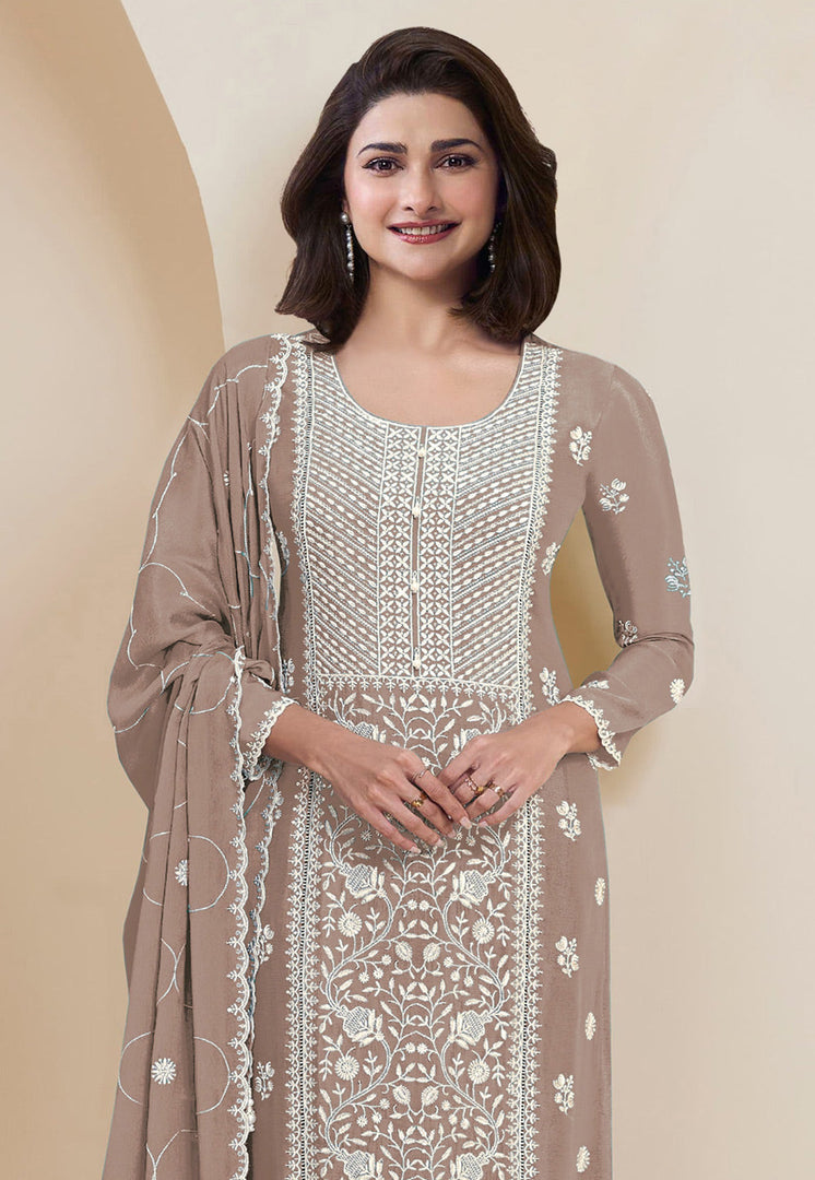Prachi Desai Brown Faux Georgette Pant Style Suit