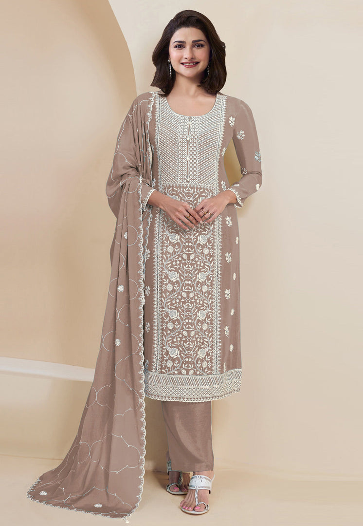 Prachi Desai Brown Faux Georgette Pant Style Suit