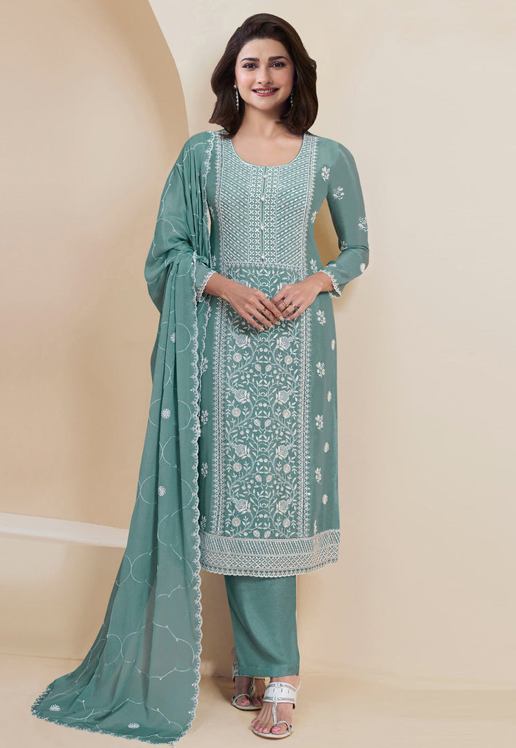 Prachi Desai Sea Green Faux Georgette Straight Suit