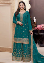 Load image into Gallery viewer, Prachi Desai Teal Chinon Sharara Suit
