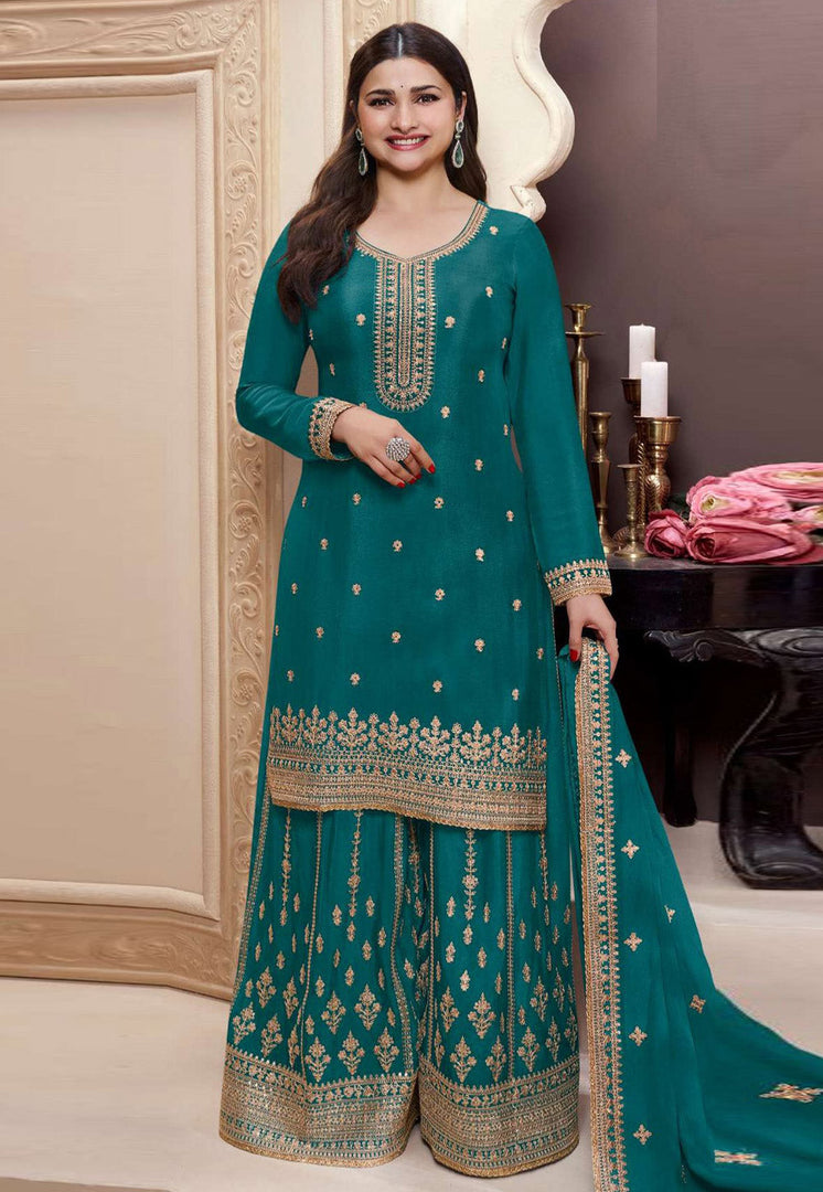 Prachi Desai Teal Chinon Sharara Suit