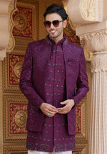 Load image into Gallery viewer, Purple Art Silk Jacket Style Sherwani
