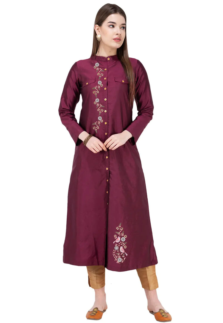 Purple Art Silk Kurta Set With Pent