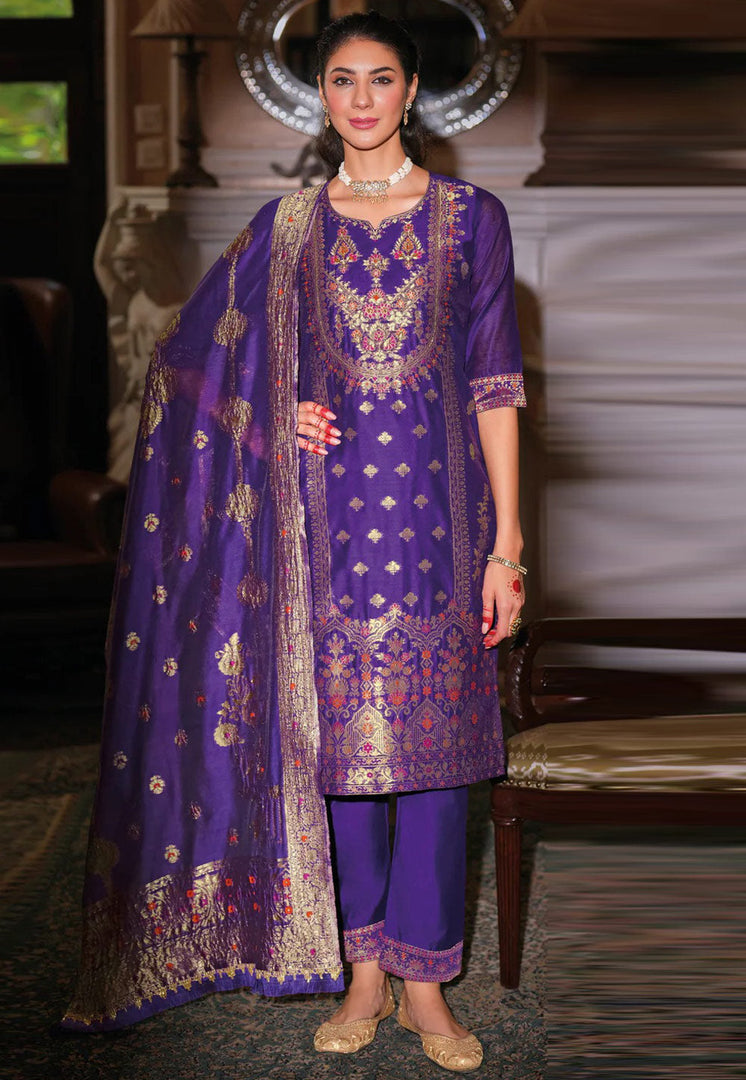 Purple Banarasi Jacquard Readymade Pakistani Suit