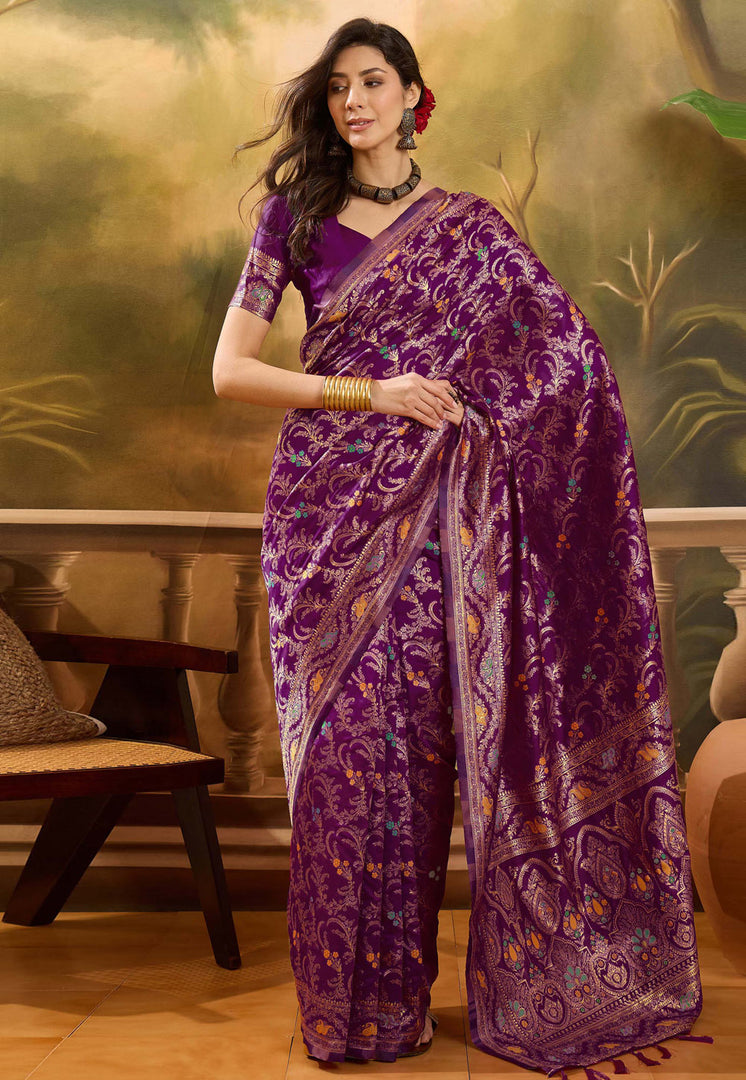 Purple Banarasi Jacquard Saree With Blouse