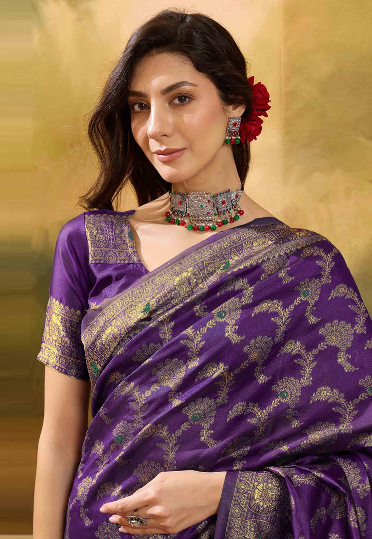 Purple Banarasi Jacquard Saree With Blouse
