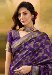 Purple Banarasi Jacquard Saree With Blouse