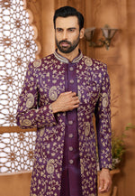 Load image into Gallery viewer, Purple Banarasi Silk Jacket Style Sherwani
