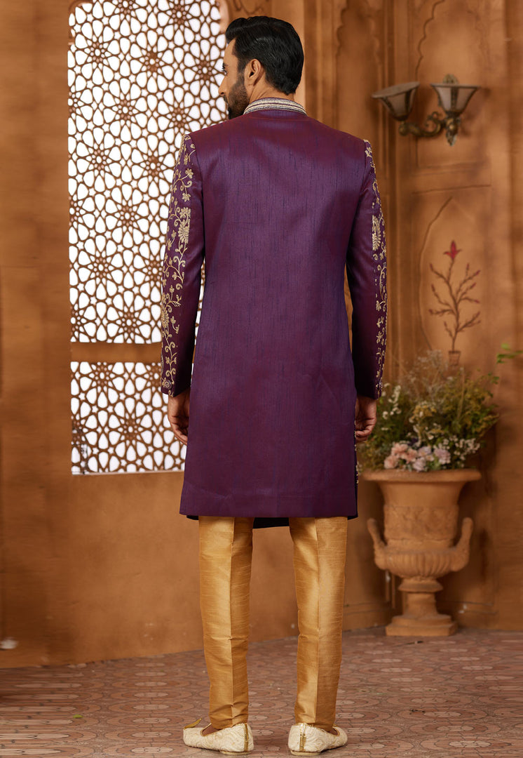 Purple Banarasi Silk Jacket Style Sherwani