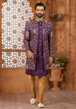 Load image into Gallery viewer, Purple Banarasi Silk Jacket Style Sherwani
