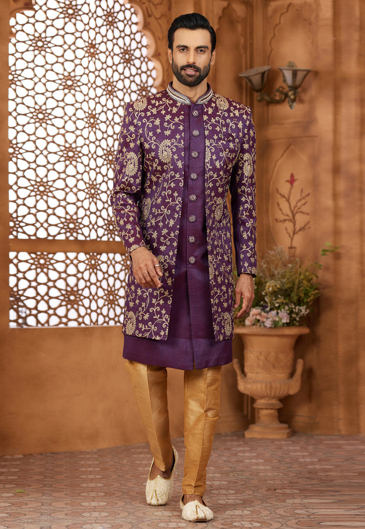 Purple Banarasi Silk Jacket Style Sherwani