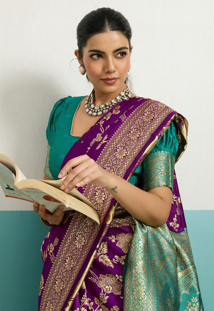 Purple Banarasi Silk Saree With Blouse