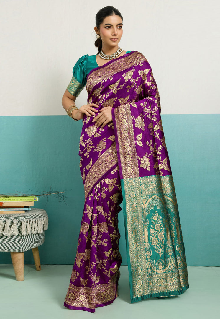 Purple Banarasi Silk Saree With Blouse