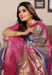 Purple Banarasi Silk Saree With Blouse