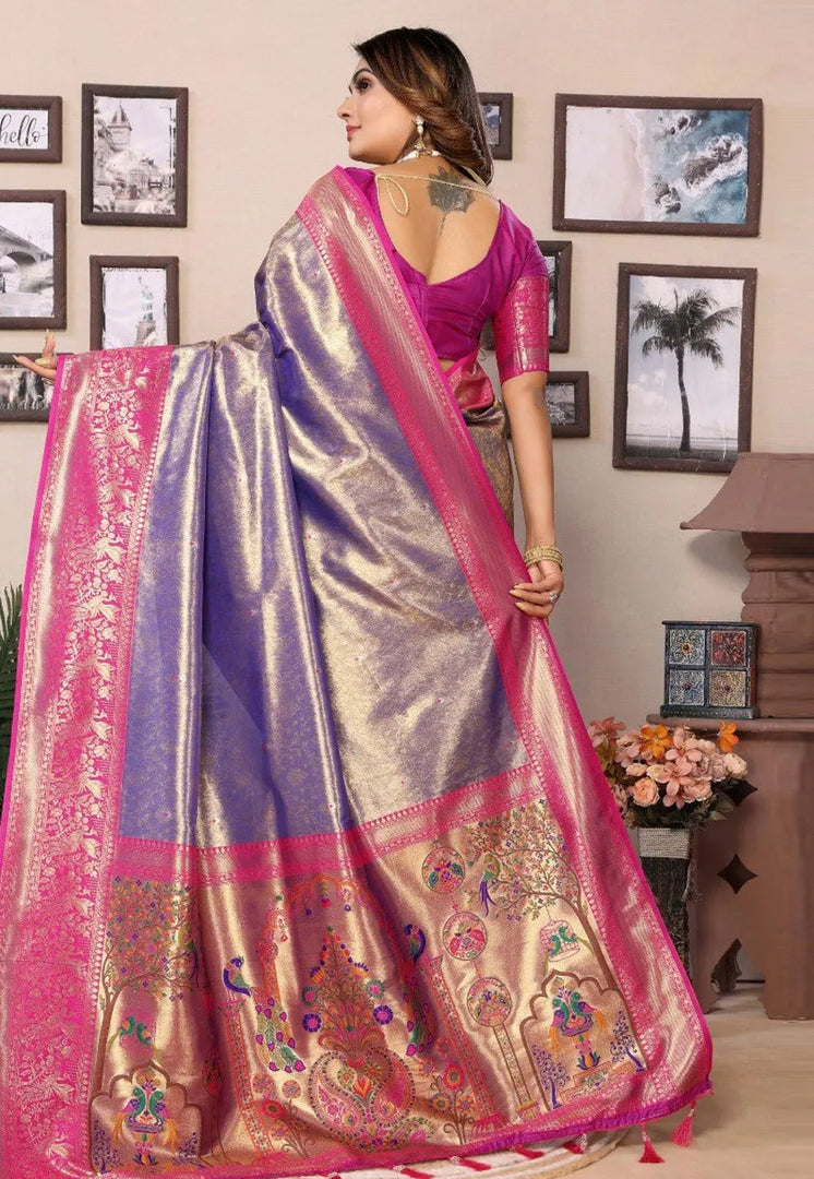 Purple Banarasi Silk Saree With Blouse