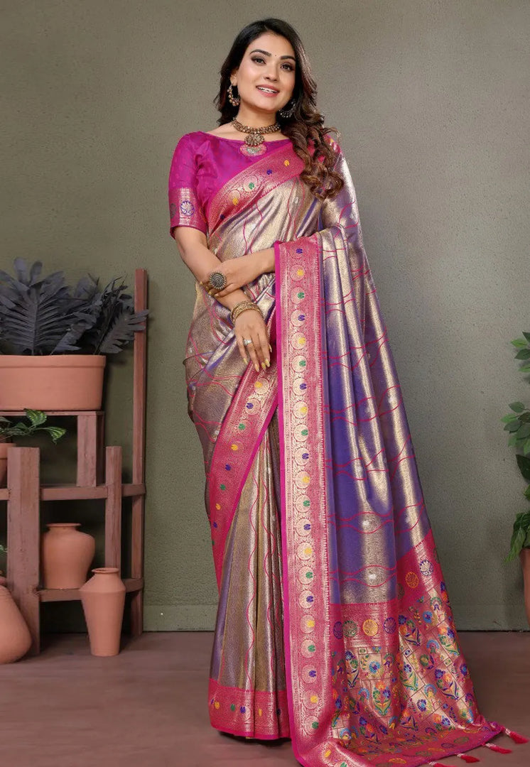 Purple Banarasi Silk Saree With Blouse