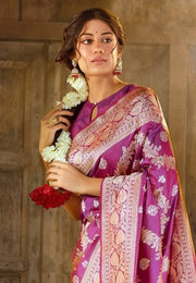Purple Banarasi Silk Saree With Blouse