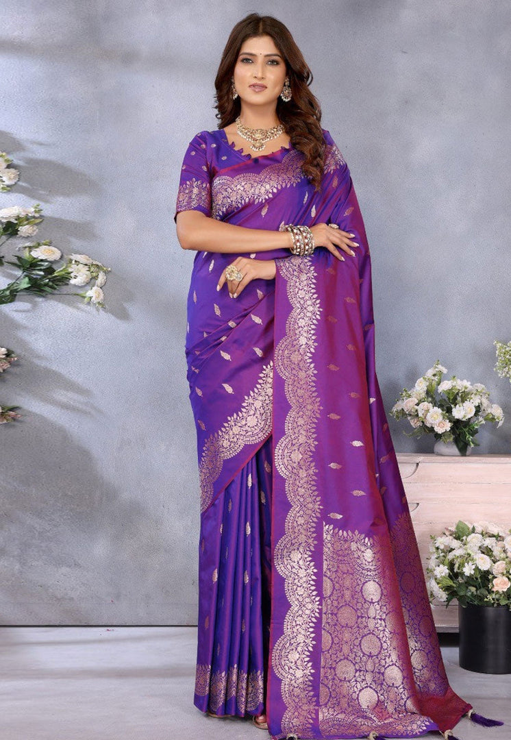 Purple Banarasi Silk Saree With Blouse