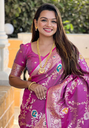 Purple Banarasi Silk Saree With Blouse