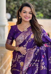 Purple Banarasi Silk Saree With Blouse