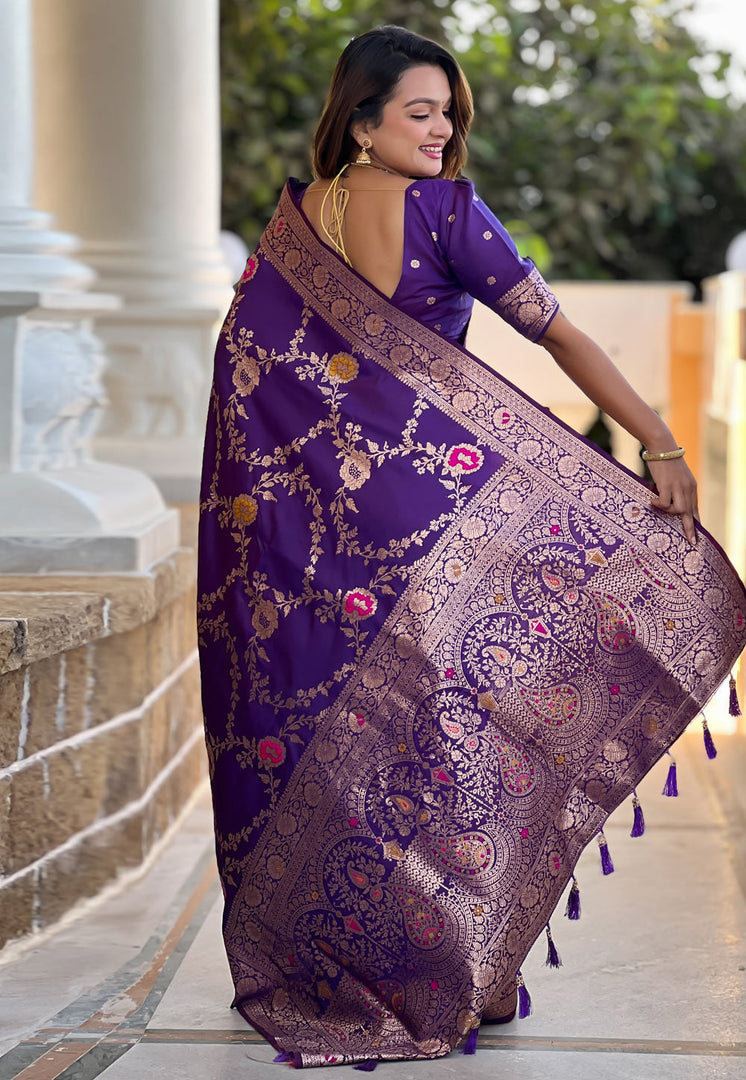Purple Banarasi Silk Saree With Blouse