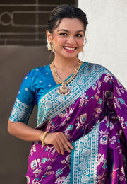 Purple Banarasi Silk Saree With Blouse