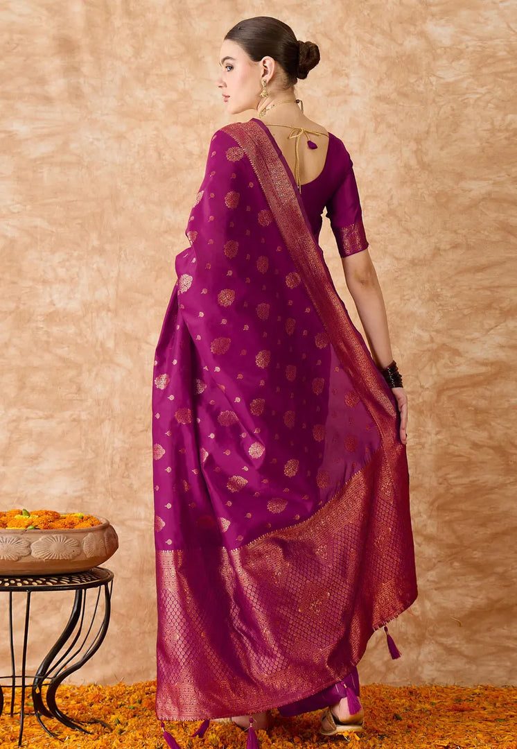 Purple Banarasi Silk Saree With Blouse