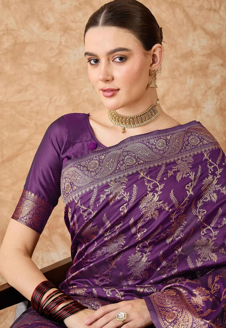 Purple Banarasi Silk Saree With Blouse
