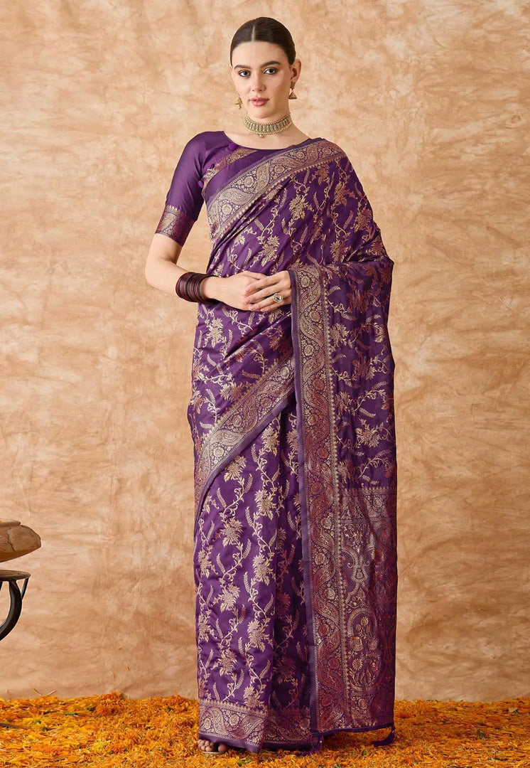 Purple Banarasi Silk Saree With Blouse