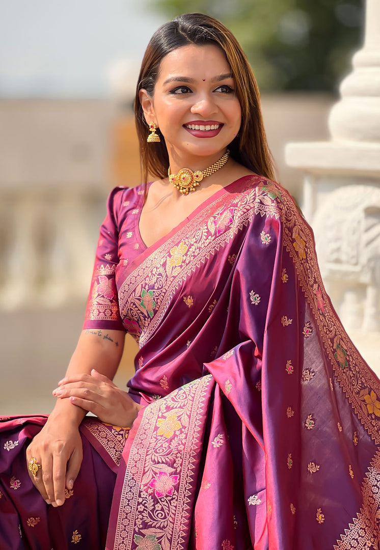 Purple Banarasi Silk Saree With Blouse