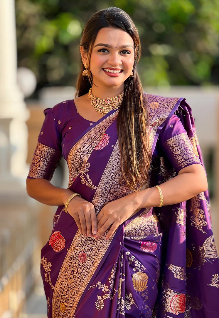 Purple Banarasi Silk Saree With Blouse