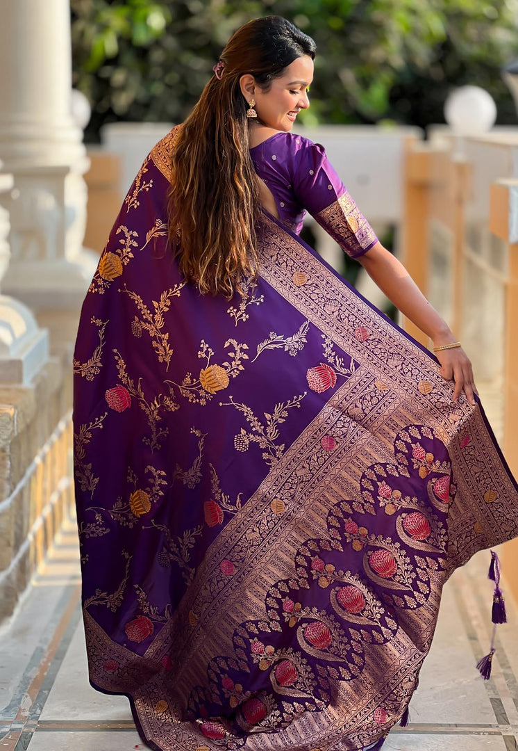 Purple Banarasi Silk Saree With Blouse