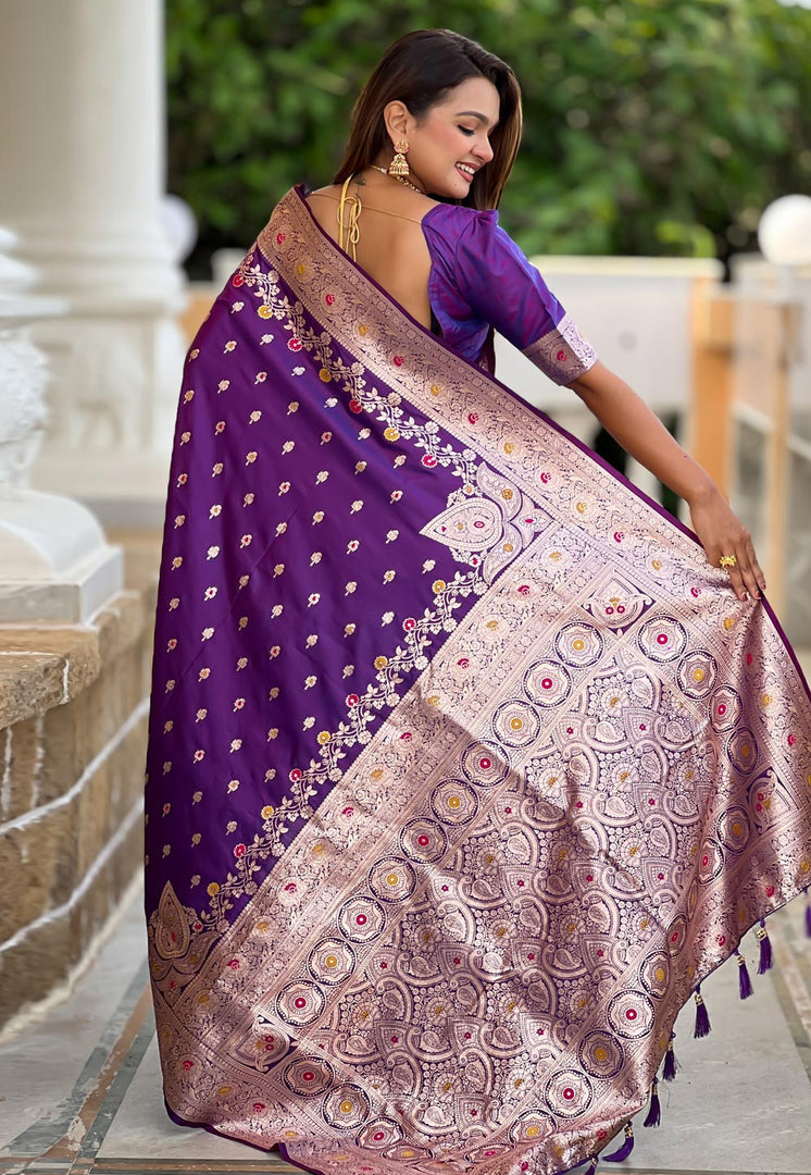 Purple Banarasi Silk Saree With Blouse