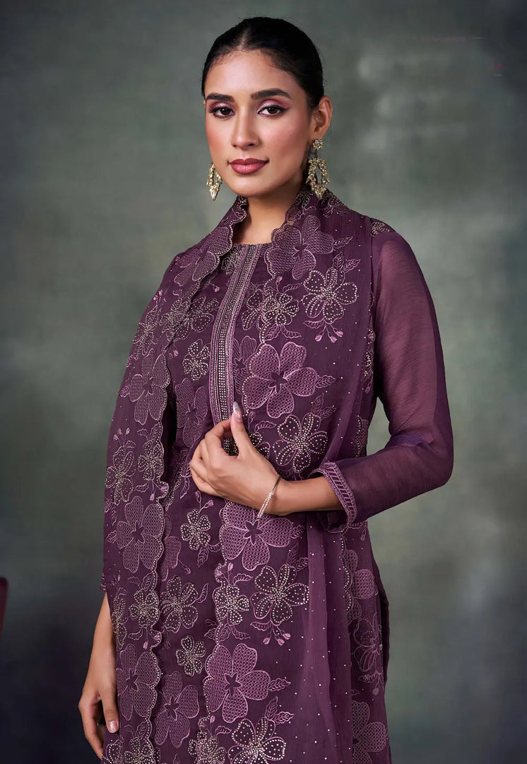 Purple Chiffon Embroidered Pakistani Suit