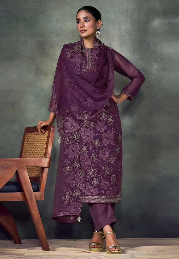 Purple Chiffon Embroidered Pakistani Suit
