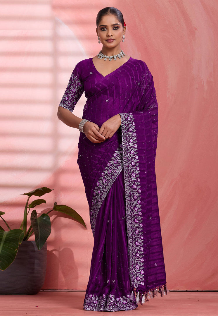 Purple Chiffon Saree With Blouse