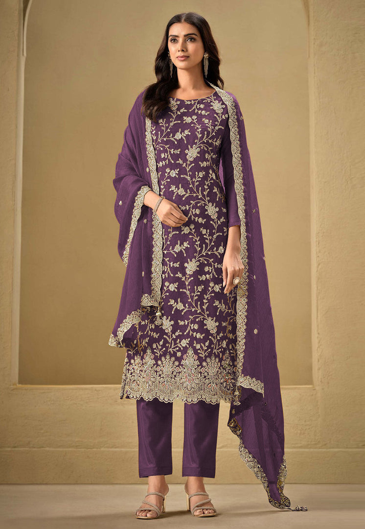 Purple Chinon Embroidered Pakistani Suit