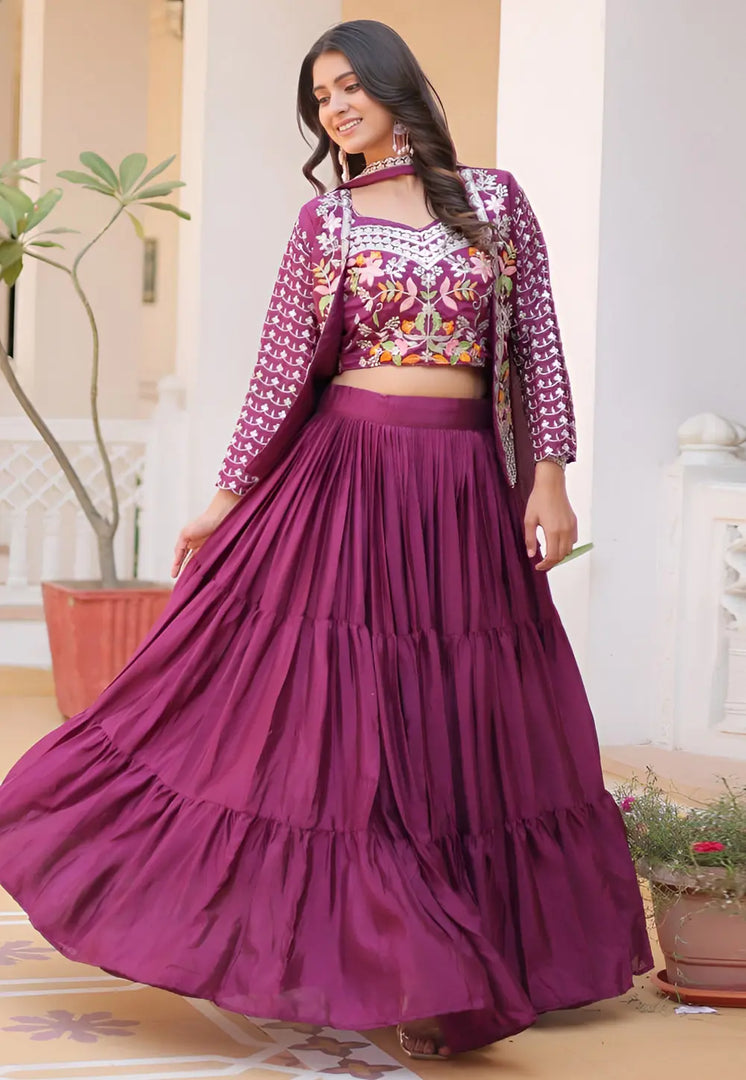 Purple Chinon Layered Lehenga Choli