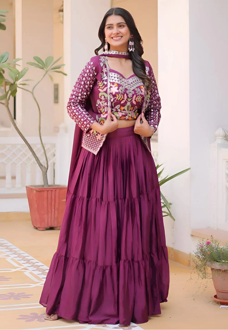 Purple Chinon Layered Lehenga Choli