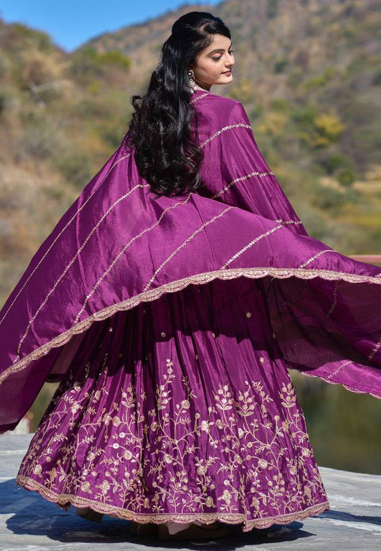 Purple Chinon Lehenga Choli