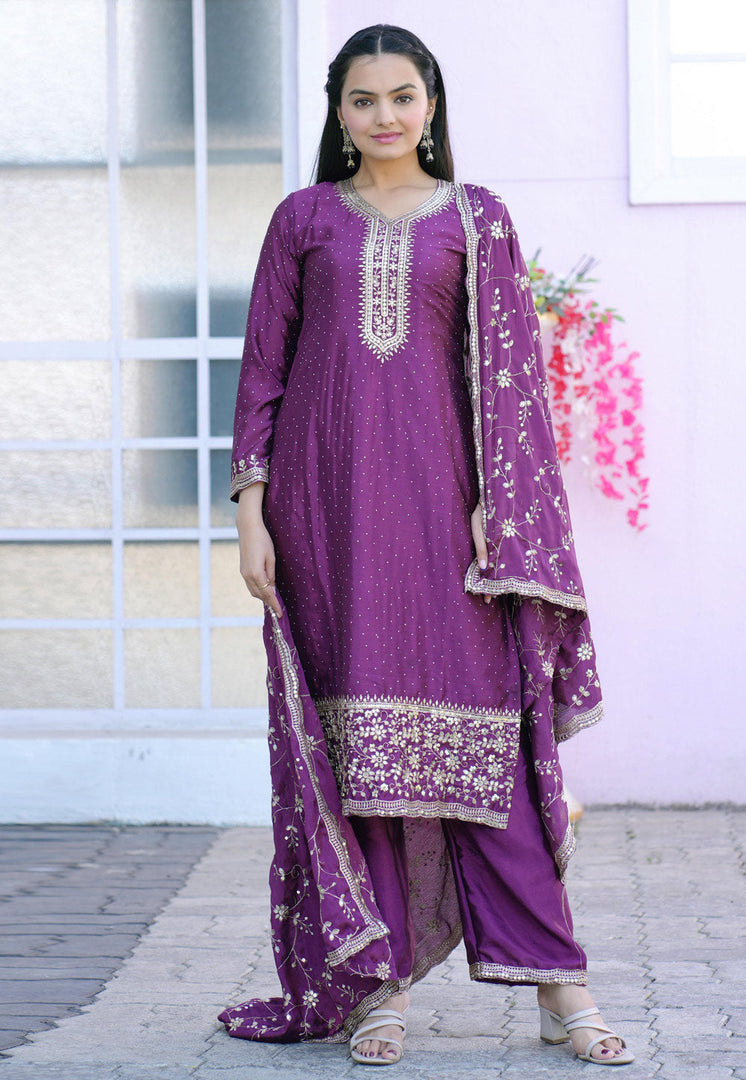 Purple Chinon Readymade Pakistani Suit