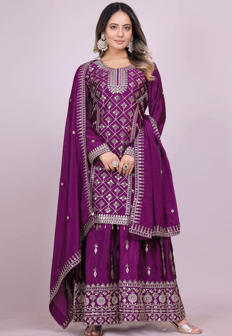 Purple Chinon Readymade Palazzo Suit