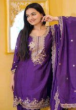 Load image into Gallery viewer, Purple Chinon Readymade Punjabi Suit
