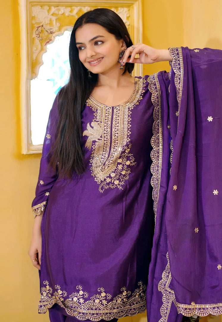Purple Chinon Readymade Punjabi Suit