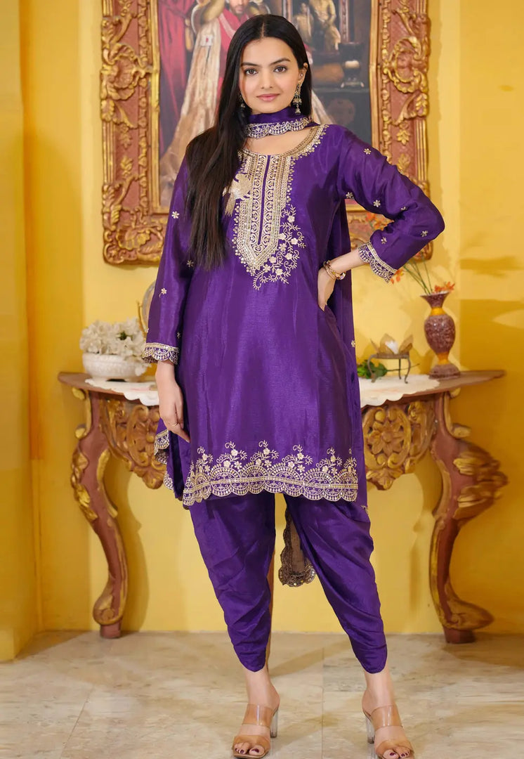Purple Chinon Readymade Punjabi Suit