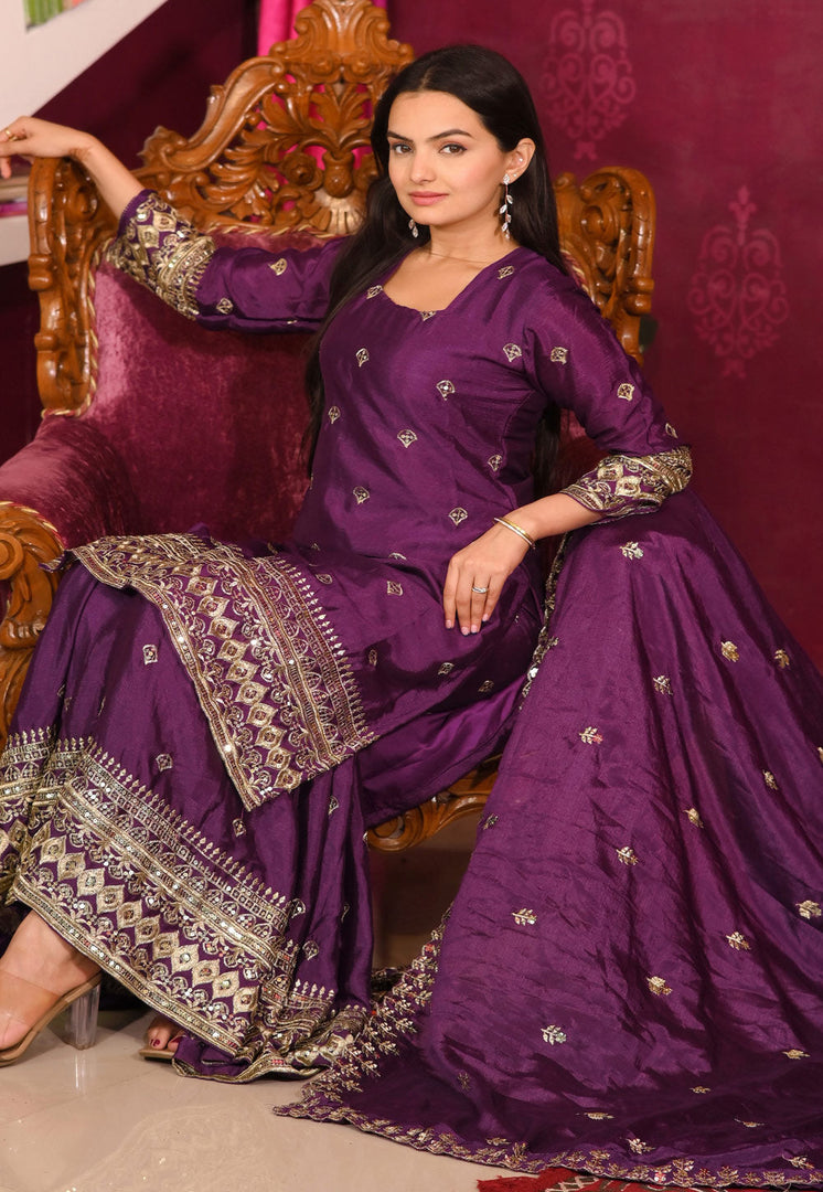 Purple Chinon Readymade Sharara Suit