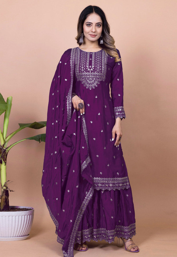 Purple Chinon Readymade Sharara Suit