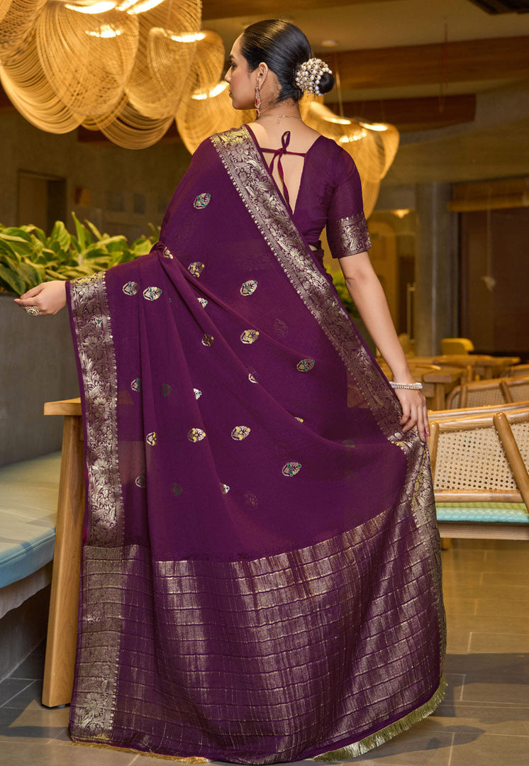 Purple Chinon Saree With Blouse
